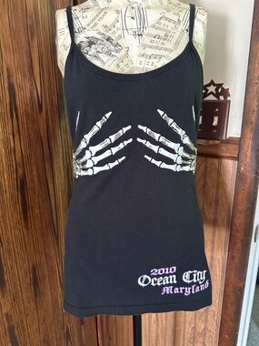 Anvil Black Tank Top with White Skeleton Hand Graphic and Pink/White Text